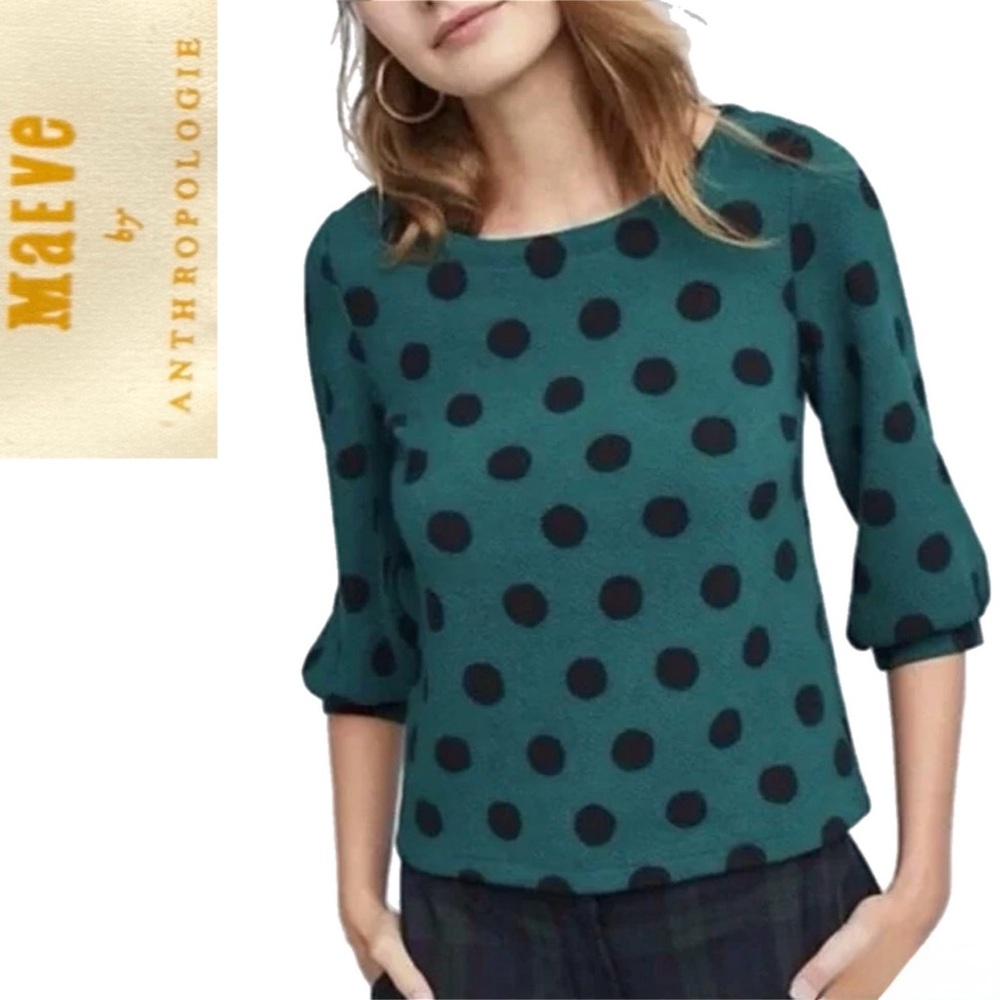 Maeve by Anthropologie Green & Black Polka Dot Pullover Sweater Sz M Excellent